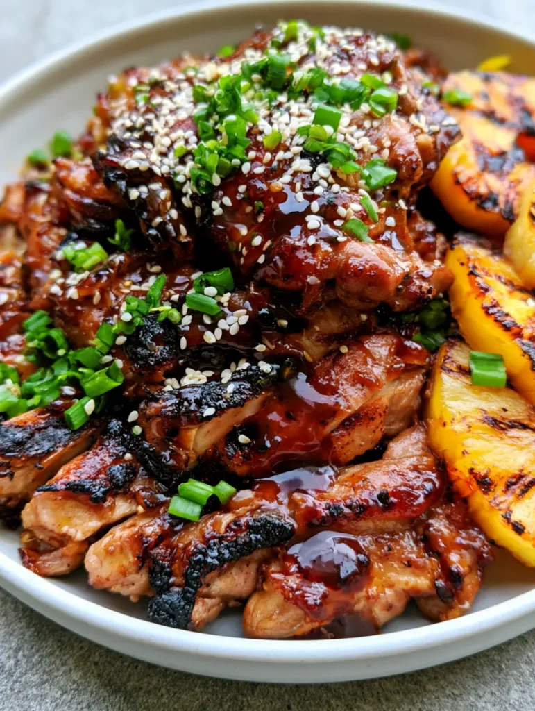 Hawaiian Teriyaki Chicken: The Ultimate Sizzling Grilled Pineapple Recipe 1 Sliced teriyaki chicken piled in a white bowl showing charred edges and glistening sauce next to grilled pineapple.