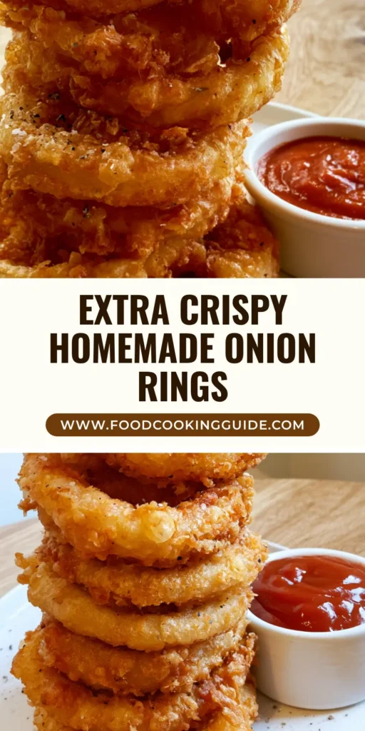 A tall vertical stack of eight thick-cut Homemade Onion Rings on a white plate with smooth red tomato sauce and black pepper garnish.