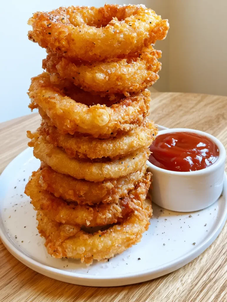Close up of craggy, golden-brown Homemade Onion Rings showing visible air pockets and sea salt flakes.