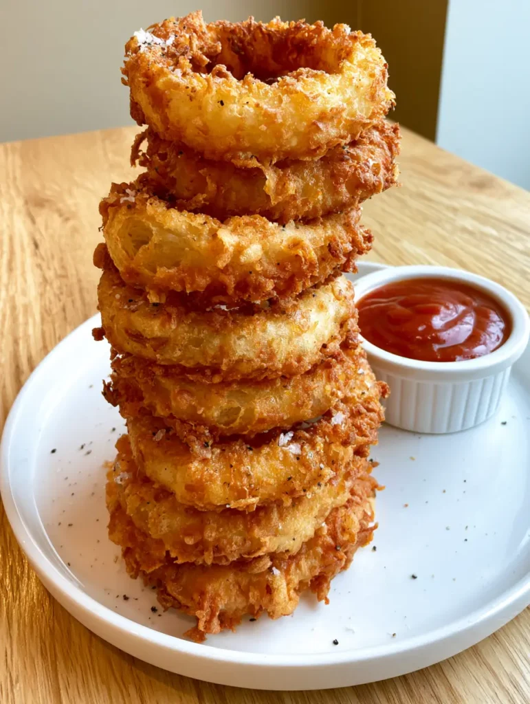 Homemade Onion Rings stacked on a white ceramic plate next to a ramekin of smooth red tomato sauce on a wooden table.