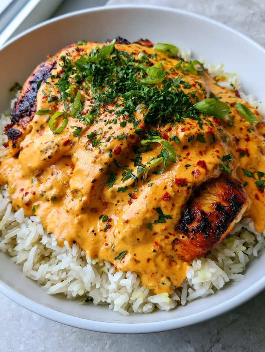 Close-up of charred chicken breast slices draped in a thick orange Cajun cream sauce on a bed of white garlic rice. (Creamy Cajun Chicken and Rice)