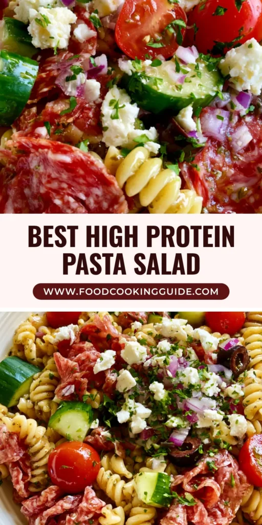 A vibrant bowl of High Protein Italian Pasta Salad featuring rotini, salami, and feta cheese.