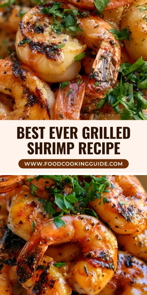 A pile of jumbo shrimp with charred grill marks and lemon-garlic glaze in a white bowl. (Best Marinated Grilled Shrimp)