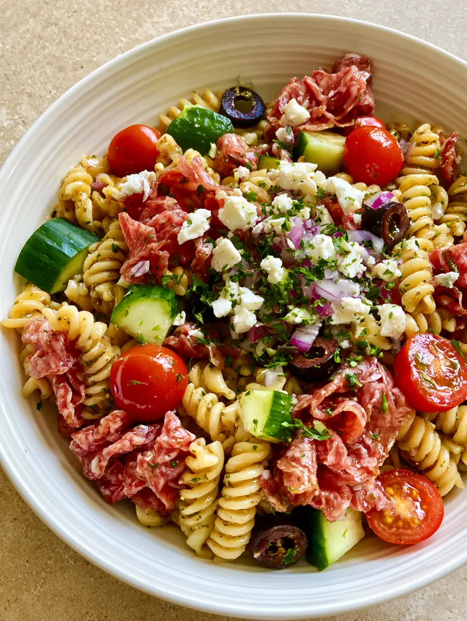 Close up of High Protein Italian Pasta Salad in a white ceramic bowl with glossy herb dressing.