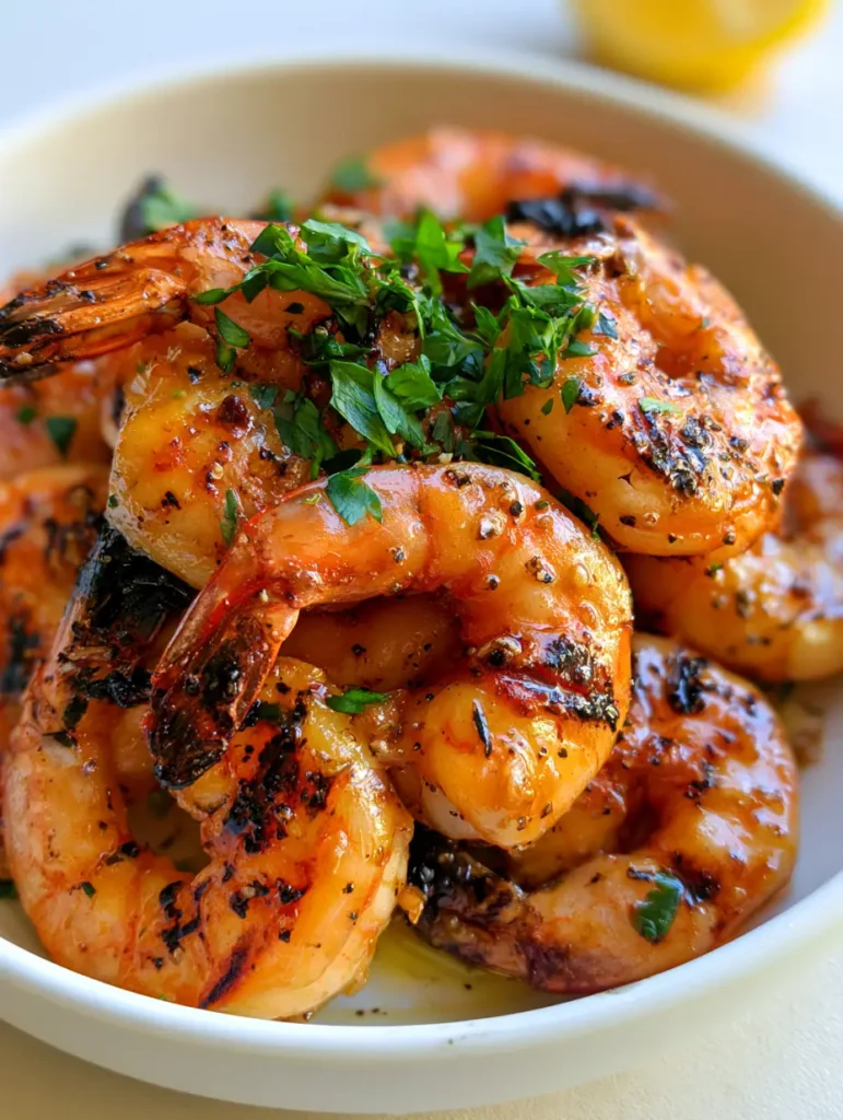 Close-up of golden-orange grilled shrimp with dark char marks and fresh parsley. (Best Marinated Grilled Shrimp)