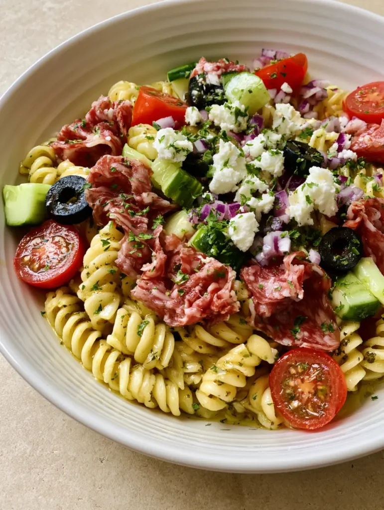 Smartphone photo of High Protein Italian Pasta Salad showing marbled salami and red onions.