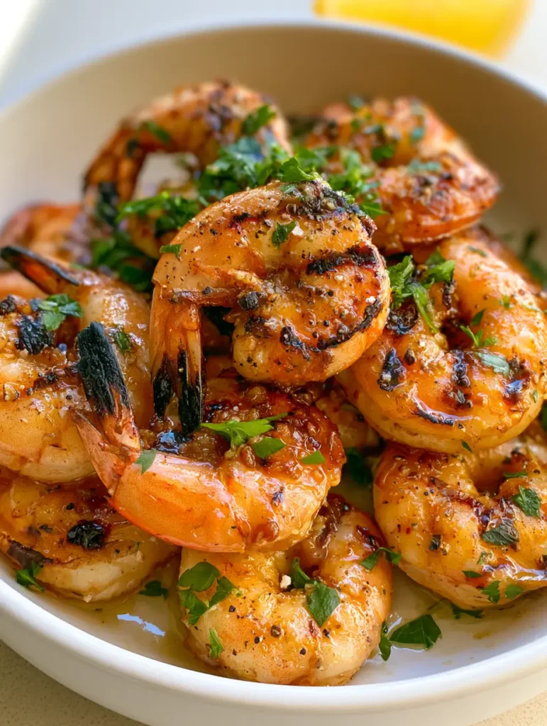 Top-down view of grilled jumbo shrimp served in a shallow white ceramic bowl with lemon wedges. (Best Marinated Grilled Shrimp)