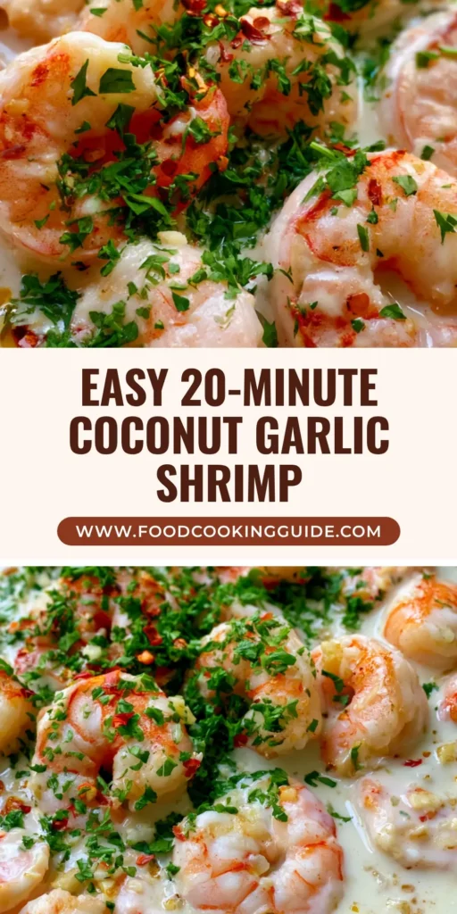 A shallow dark bowl filled with Creamy Coconut Garlic Shrimp, garnished with parsley and red chili flakes in natural daylight.