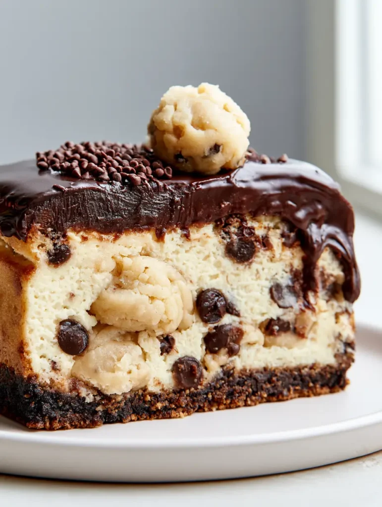 Overhead view of a Cookie Dough Cheesecake with glossy dark chocolate ganache dripping down the sides.