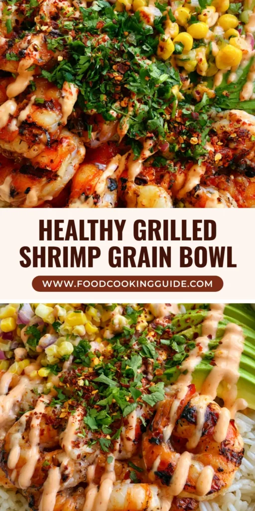 Top-down view of a Grilled Shrimp Bowl with charred shrimp, white rice, avocado slices, and corn salsa in a white ceramic bowl.