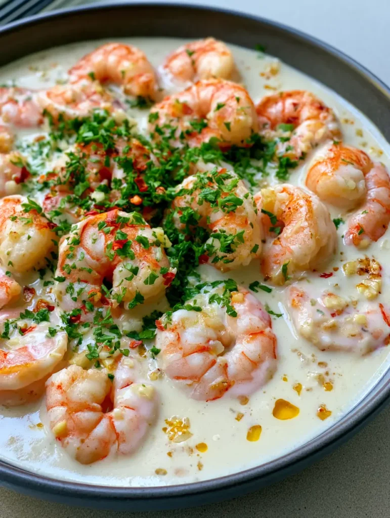 Close up of seared jumbo shrimp in a thick white coconut garlic sauce with visible oil droplets and herbs. (Creamy Coconut Garlic Shrimp)