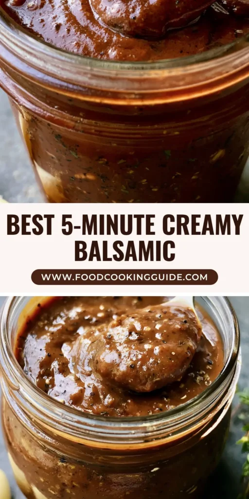 A mason jar of dark, thick Creamy Balsamic Dressing with a spoon lifted to show the velvety coating consistency.
