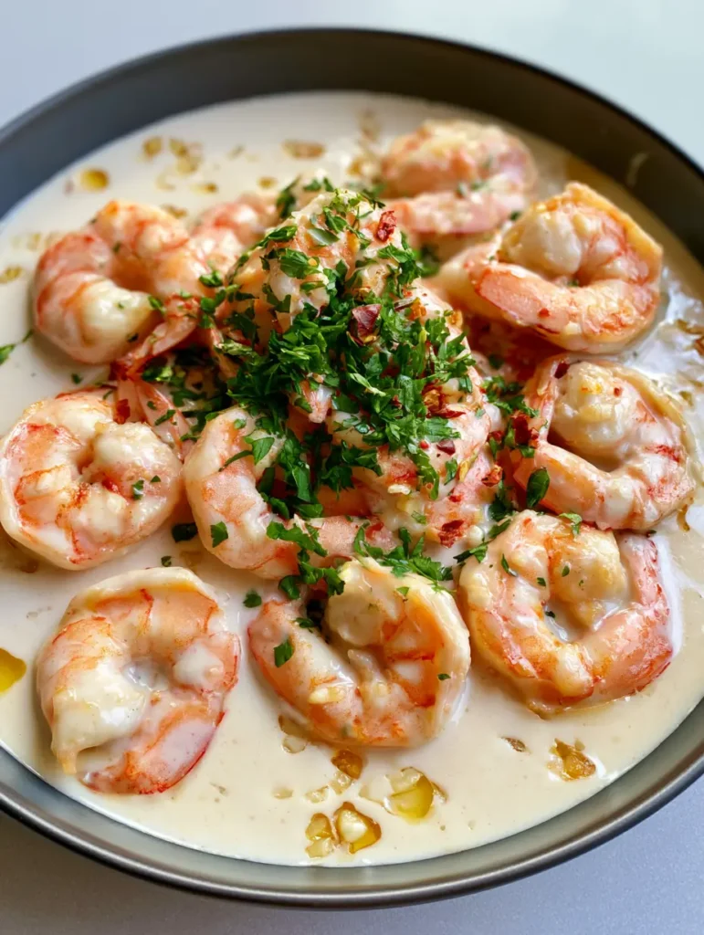A wide handheld smartphone photo of a dark bowl of Creamy Coconut Garlic Shrimp on a neutral gray background.