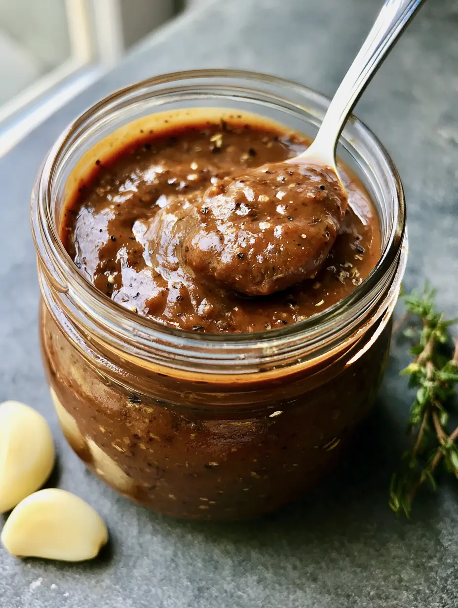 Close-up handheld photo of thick emulsified dark brown Creamy Balsamic Dressing with pepper specks.