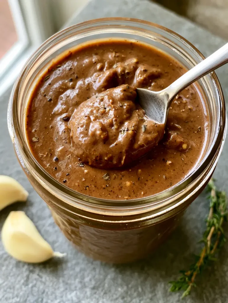 Creamy Balsamic Dressing in a mason jar on a grey stone surface with garlic and thyme garnish.