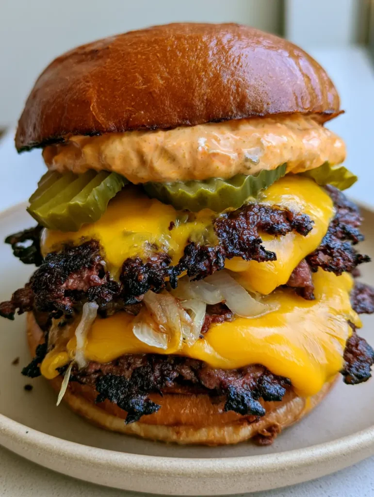Close up of a double smash burger showing the dark brown crispy lacy edges of the beef patties and melted yellow cheese.