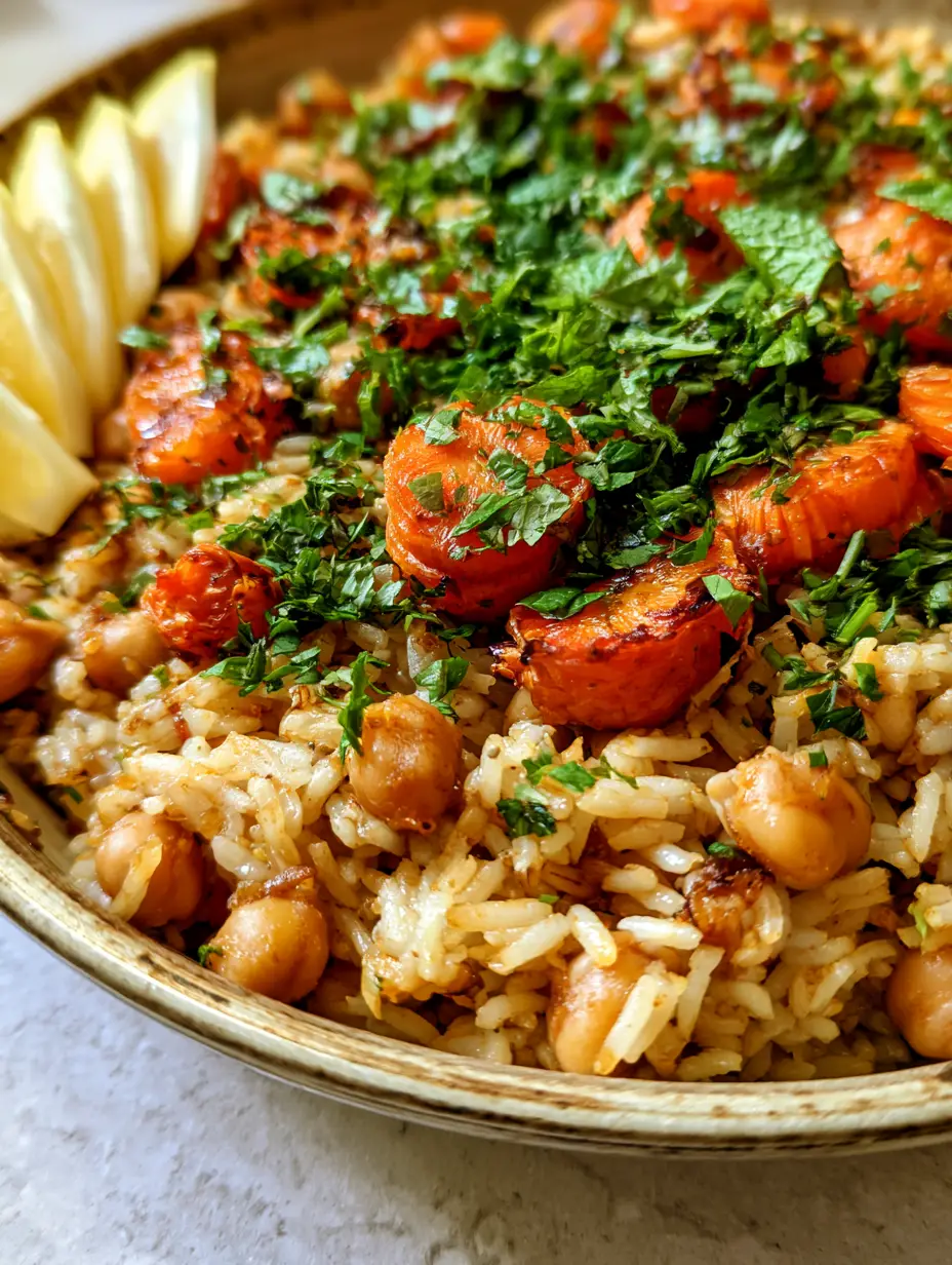 Close-up of golden tinted long-grain rice mixed with tender chickpeas and roasted carrot rounds. (Mediterranean Rice and Beans)