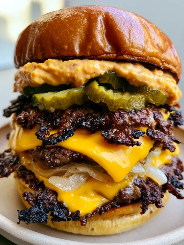 Smash Burger Recipe: How to Make the Ultimate Crispy Lacy Edged Double Cheeseburger 1 A handheld smartphone photo of a double stack smash burger with translucent onions and crinkle-cut pickles on a neutral plate.