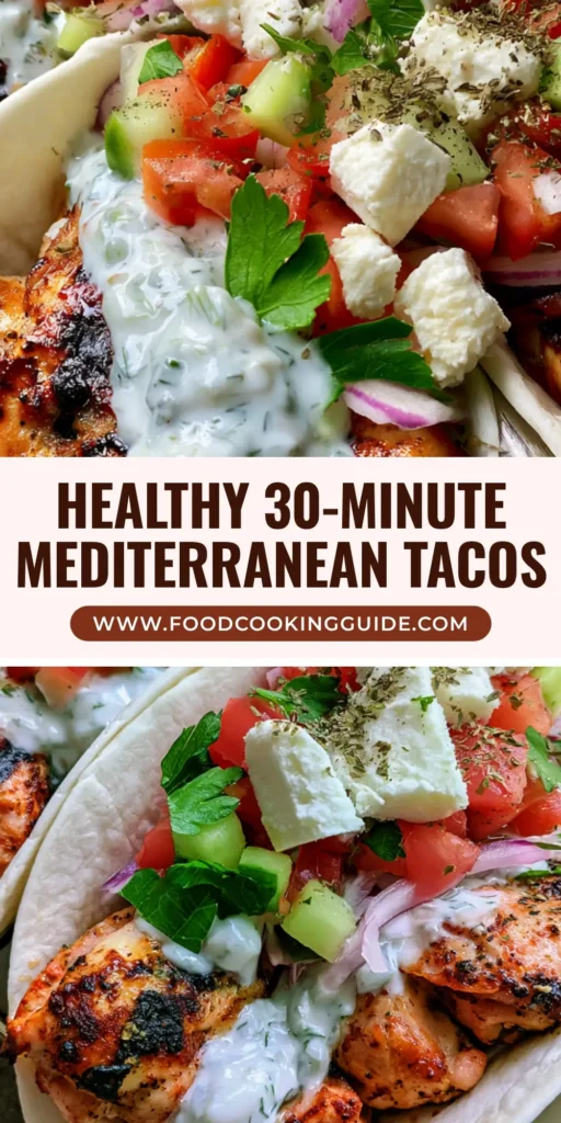 Mediterranean Chicken Tacos with Creamy Tzatziki and Feta 4 Three Mediterranean Chicken Tacos in a silver holder featuring charred chicken, tzatziki, and fresh vegetables. (Mediterranean Chicken Tacos)