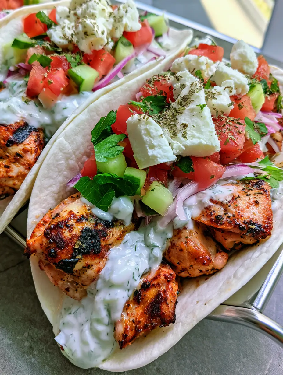 A handheld smartphone photo of Mediterranean Chicken Tacos on a grey stone surface. (Mediterranean Chicken Tacos)