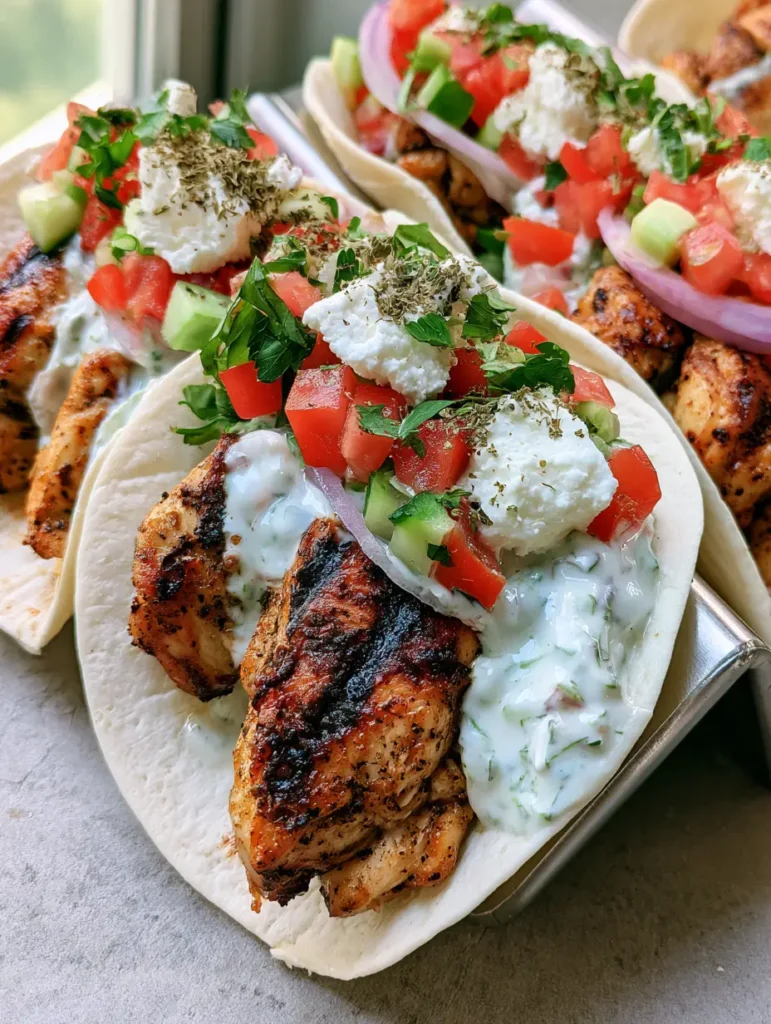 Mediterranean Chicken Tacos with Creamy Tzatziki and Feta 1 Close up of Mediterranean Chicken Tacos showing seared chicken thighs and feta crumbles. (Mediterranean Chicken Tacos)