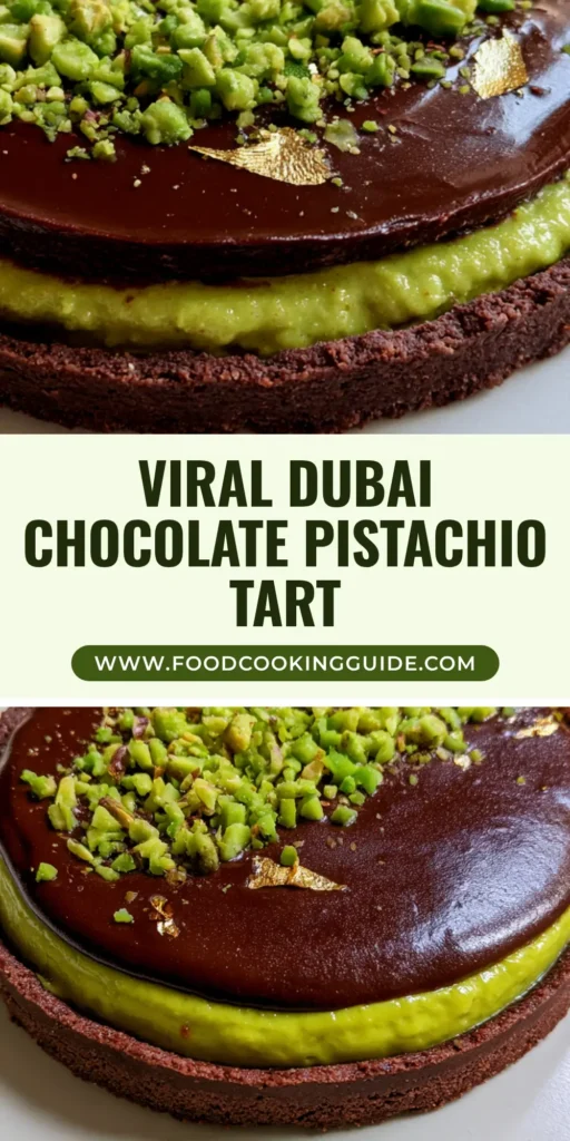 A handheld smartphone photo of a rich Dubai Chocolate Pistachio Tart with a dark cocoa crust, vibrant green filling, and glossy ganache topped with gold leaf.