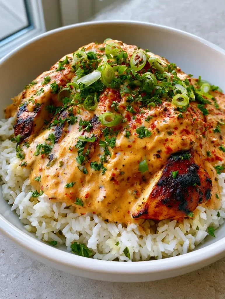 Smartphone photo of a bowl of Creamy Cajun Chicken and Rice with visible red pepper flakes and green onions.