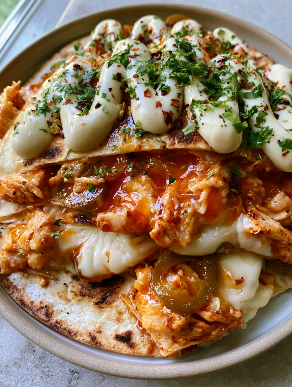 Top-down view of sliced Hot Honey Chicken Quesadillas on a matte ceramic plate with char spots and cilantro garnish.
