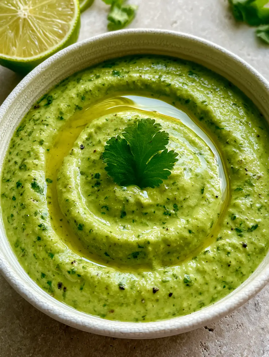 Top-down view of creamy Peruvian Green Sauce with olive oil swirl and cracked black pepper specks.