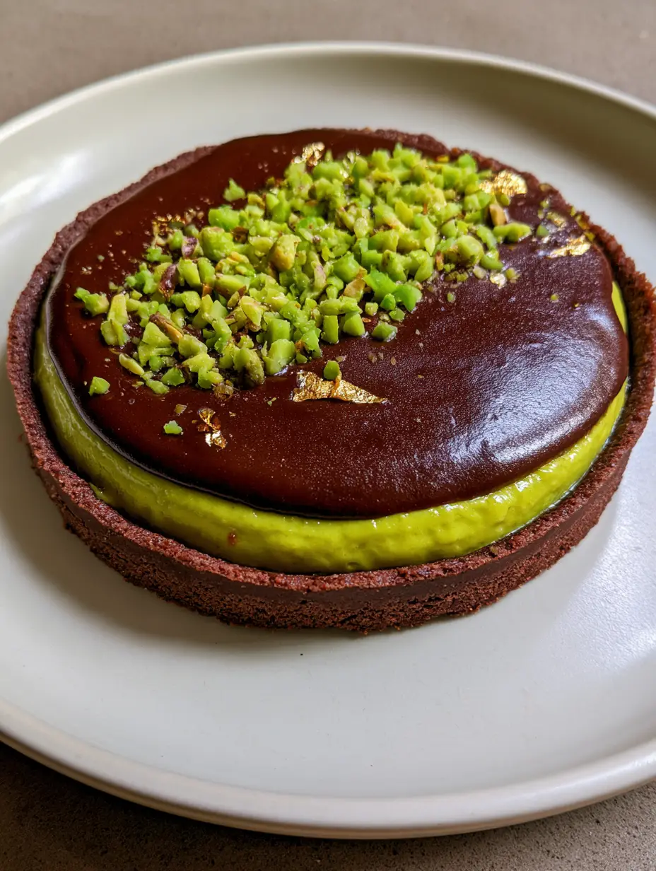 Close-up of a Dubai Chocolate Pistachio Tart showing the thin dark brown cocoa shortbread crust and lime-green cream.