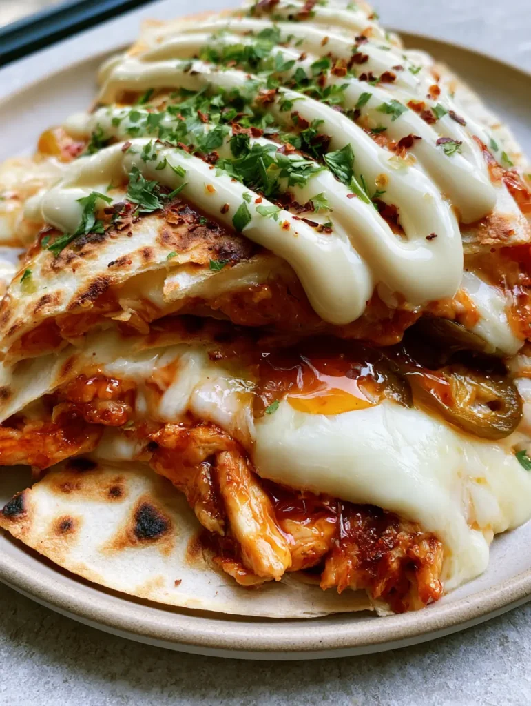 Close-up shot of melted Monterey Jack cheese and hot honey glazed chicken inside a crispy tortilla.