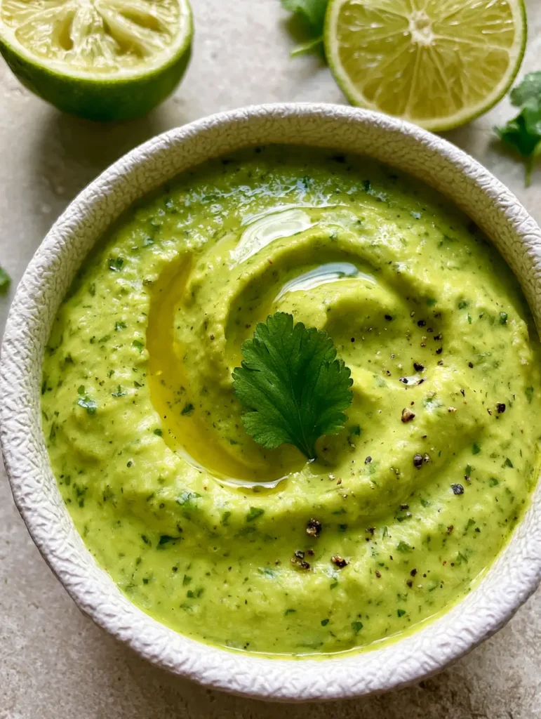Vibrant lime-green aji verde sauce in a ceramic bowl next to a fresh lime half on a stone surface.