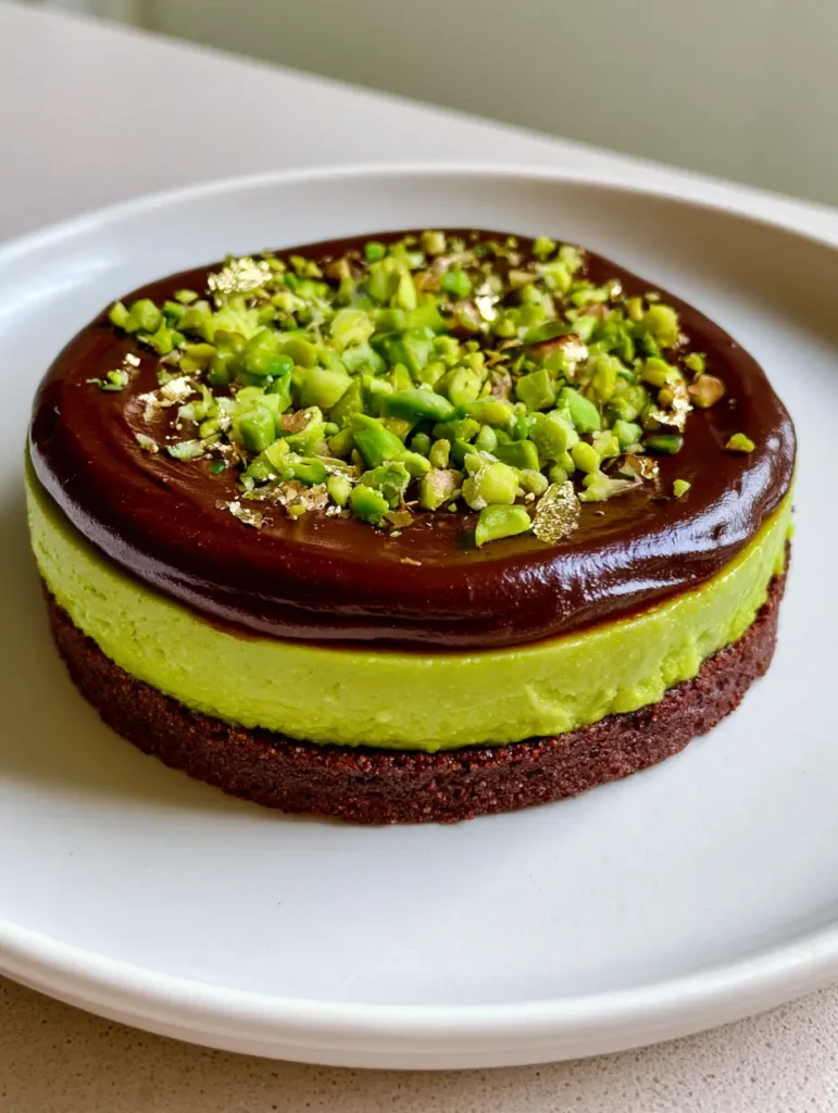 Glossy dark chocolate ganache topped with bright green chopped pistachios and gold leaf on a Dubai Chocolate Pistachio Tart.