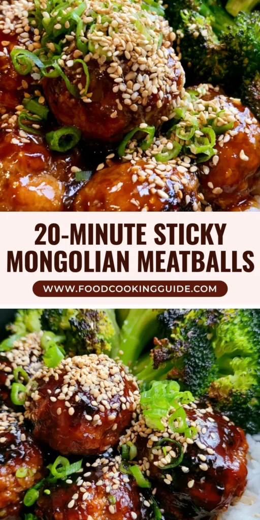 A close-up overhead shot of Mongolian Meatballs in a matte black bowl with mahogany glaze, sesame seeds, and charred broccoli over jasmine rice.