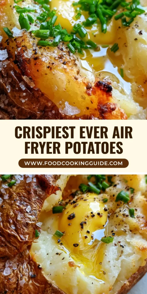 A large Air Fryer Baked Potato split open with melting butter, fresh chives, and a crackly sea salt crust on a ceramic plate.