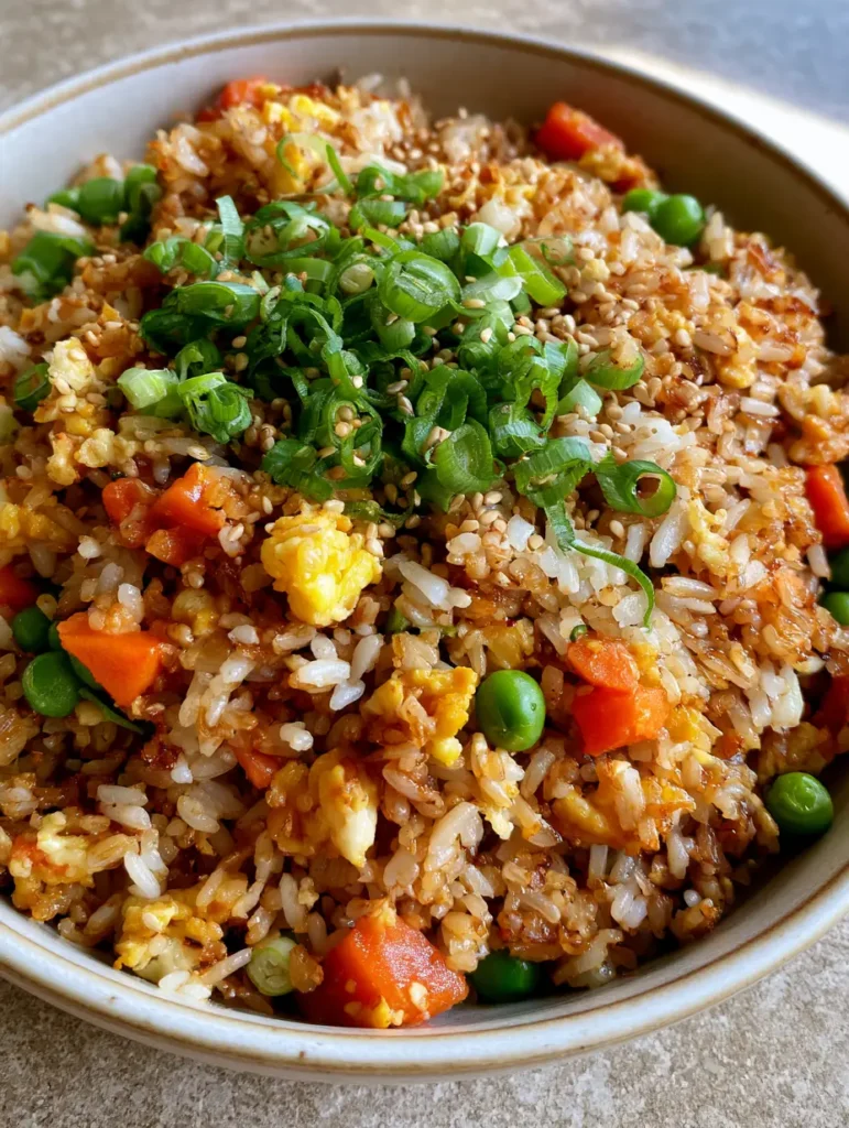 Egg Fried Rice Recipe: The Ultimate Guide to Wok-Toasted Perfection 1 Egg fried rice in a stone-colored background showing golden-brown toasted edges from the wok.