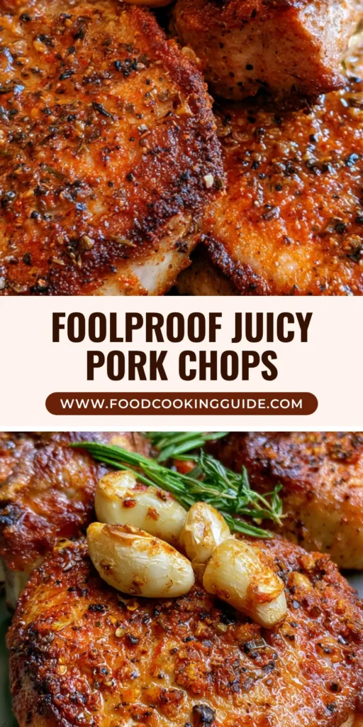 Juicy Baked Pork Chops: The Ultimate Guide to Tender Bone-In Perfection 4 Three thick bone-in Juicy Baked Pork Chops on a gray plate, topped with roasted garlic and fresh rosemary sprigs, glistening with juices.