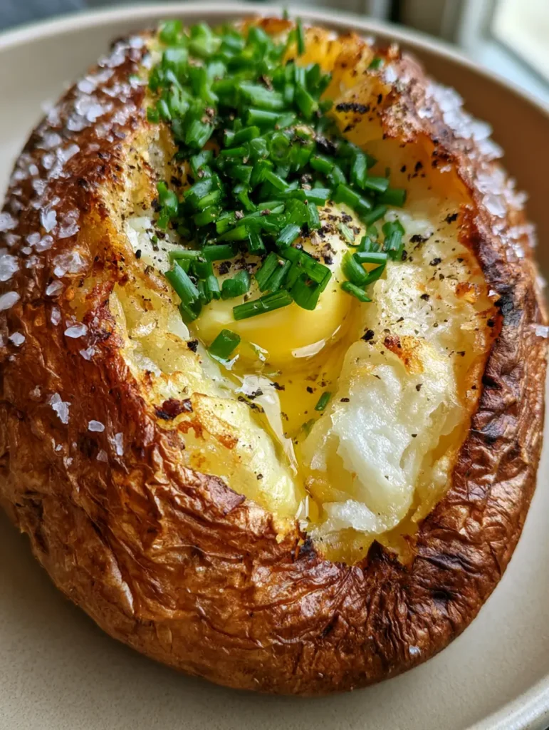 A steaming fluffy interior of an Air Fryer Baked Potato with melting yellow butter and chopped chives.
