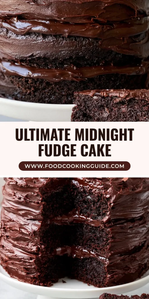 Midnight Fudge Cake: The Ultimate Triple-Layer Dark Chocolate Indulgence 4 A tall three-layer Midnight Fudge Cake with thick glossy frosting and chocolate shavings on a white ceramic stand.