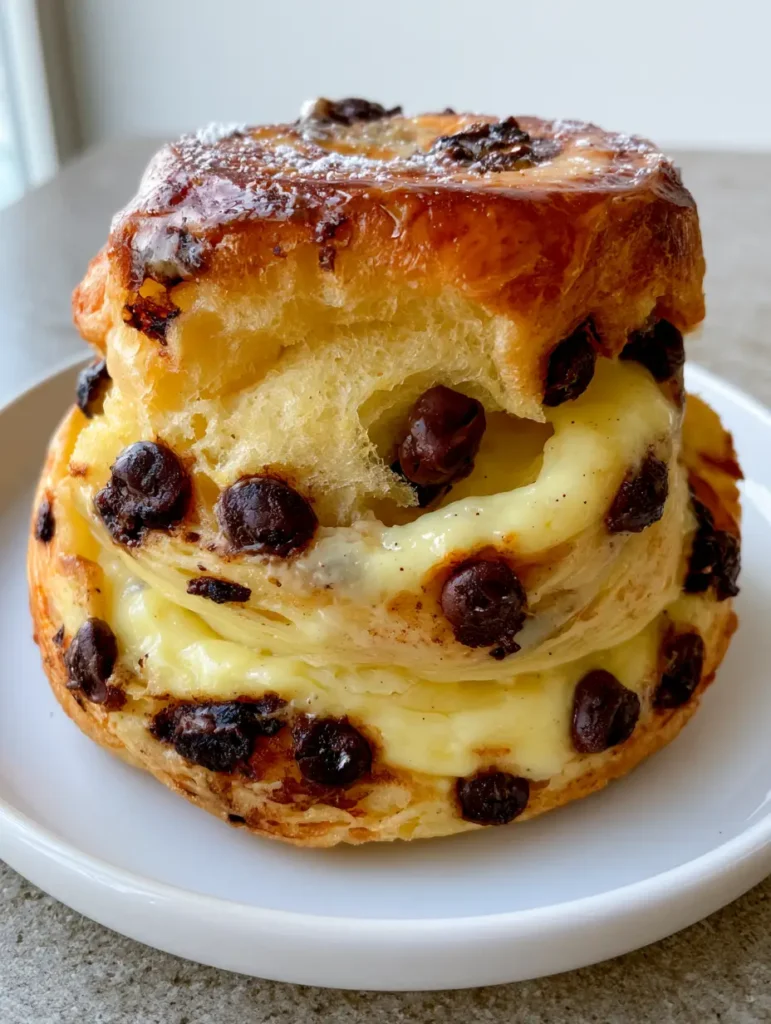 A handheld smartphone photo showing a glossy golden Chocolate Chip Custard Brioche on a white plate with morning light.