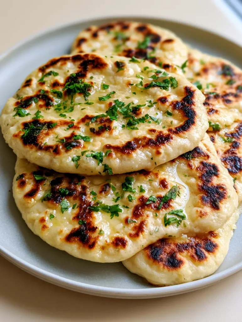 Close up of gluten-free vegan naan edges with cilantro flakes and butter glaze.