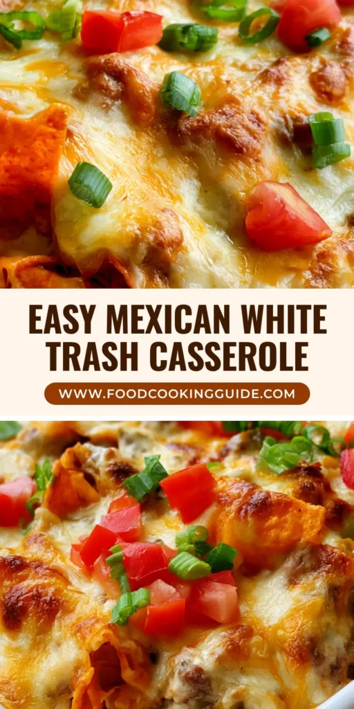 A close-up of Mexican White Trash Casserole with melted bubbly cheddar, fresh tomatoes, and scallions in a white dish. (Mexican White Trash Casserole)