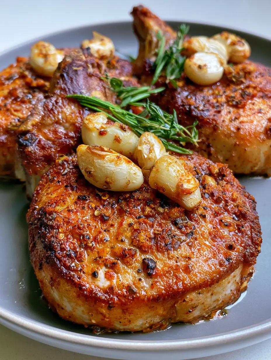 Juicy Baked Pork Chops: The Ultimate Guide to Tender Bone-In Perfection 3 Top-down view of three thick bone-in pork chops featuring a deep golden-brown seared crust and visible paprika herb rub. (Juicy Baked Pork Chops)