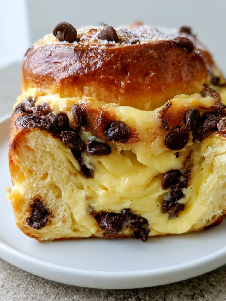 Detailed view of the airy interior of a Chocolate Chip Custard Brioche with visible vanilla bean specks in the custard.