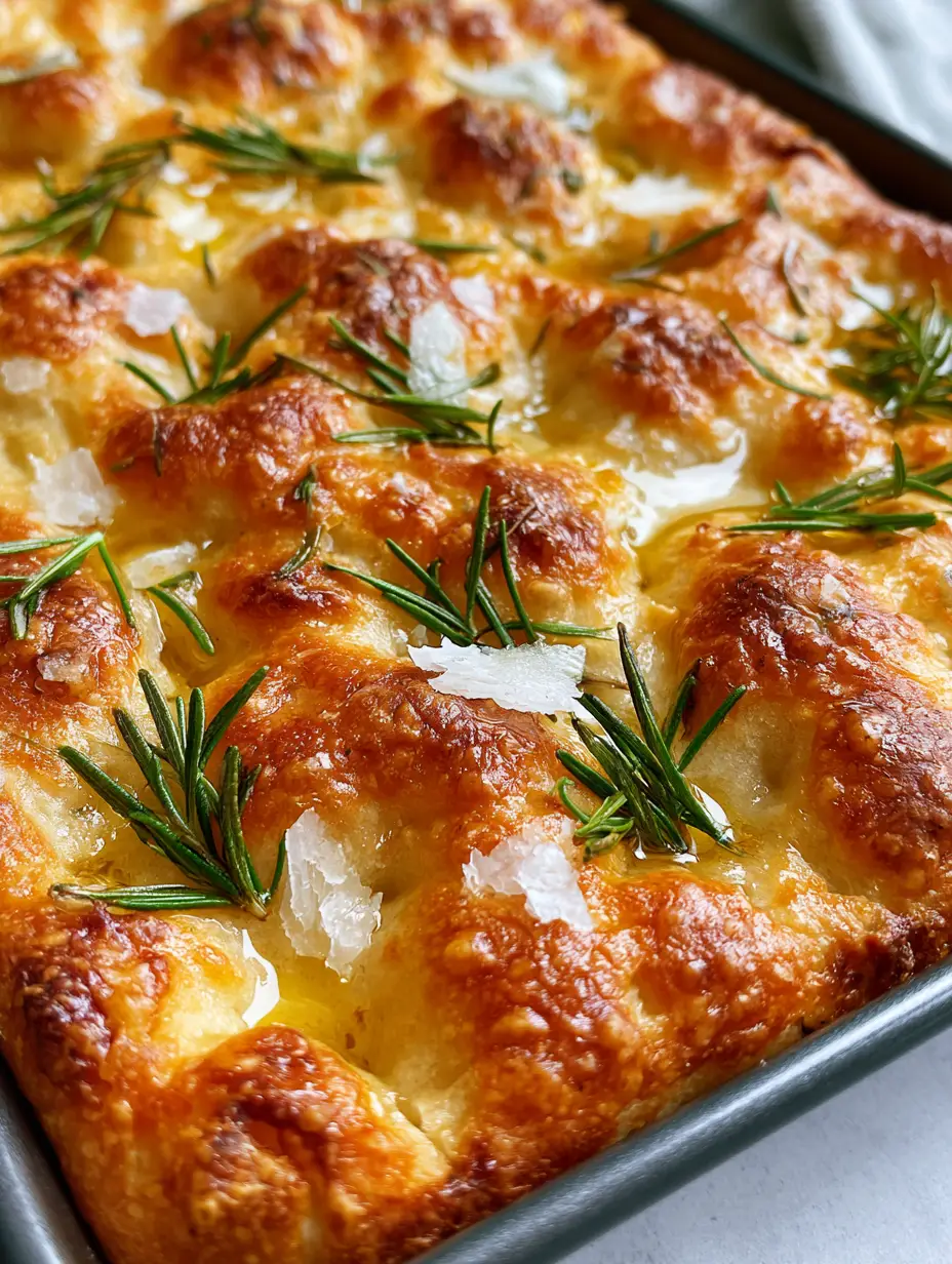 Top-down angled shot of sourdough discard focaccia in a rectangular pan showing crispy edges and airy bubbles.