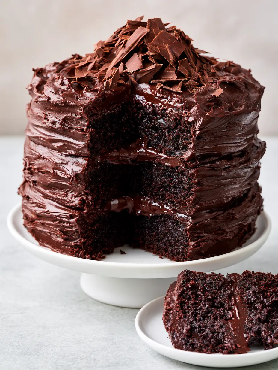 Midnight Fudge Cake: The Ultimate Triple-Layer Dark Chocolate Indulgence 3 Three-layer dark chocolate cake with horizontal spatula swirls of fudge frosting. (Midnight Fudge Cake)