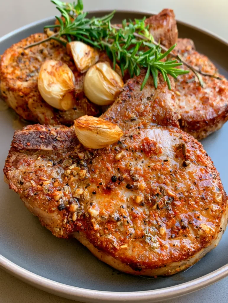 Juicy Baked Pork Chops: The Ultimate Guide to Tender Bone-In Perfection 1 Close-up of Juicy Baked Pork Chops topped with roasted whole garlic cloves and fresh thyme sprigs on a neutral kitchen counter.