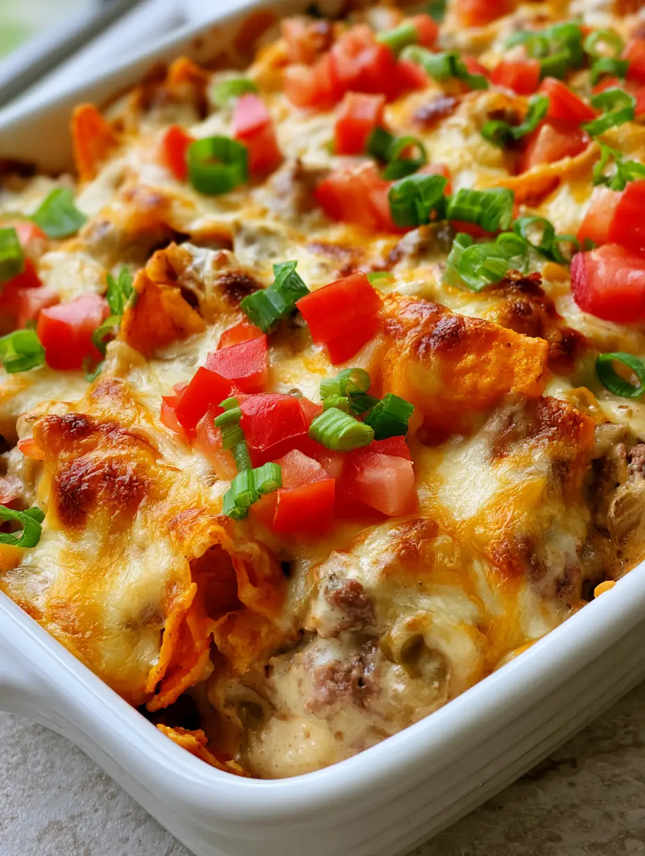 High-angle view of a cheesy Mexican White Trash Casserole showing toasted cheese patches and fresh vegetable garnishes. (Mexican White Trash Casserole)
