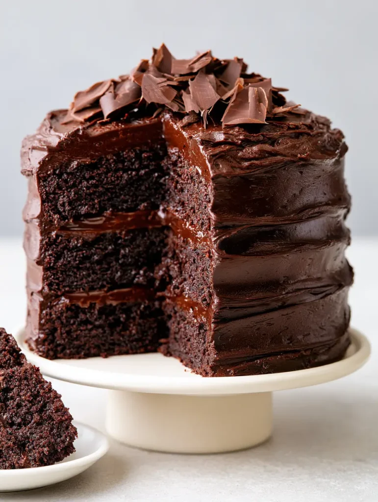 Midnight Fudge Cake: The Ultimate Triple-Layer Dark Chocolate Indulgence 1 A slice of Midnight Fudge Cake showing the tight crumb and 1/2 inch frosting layers.