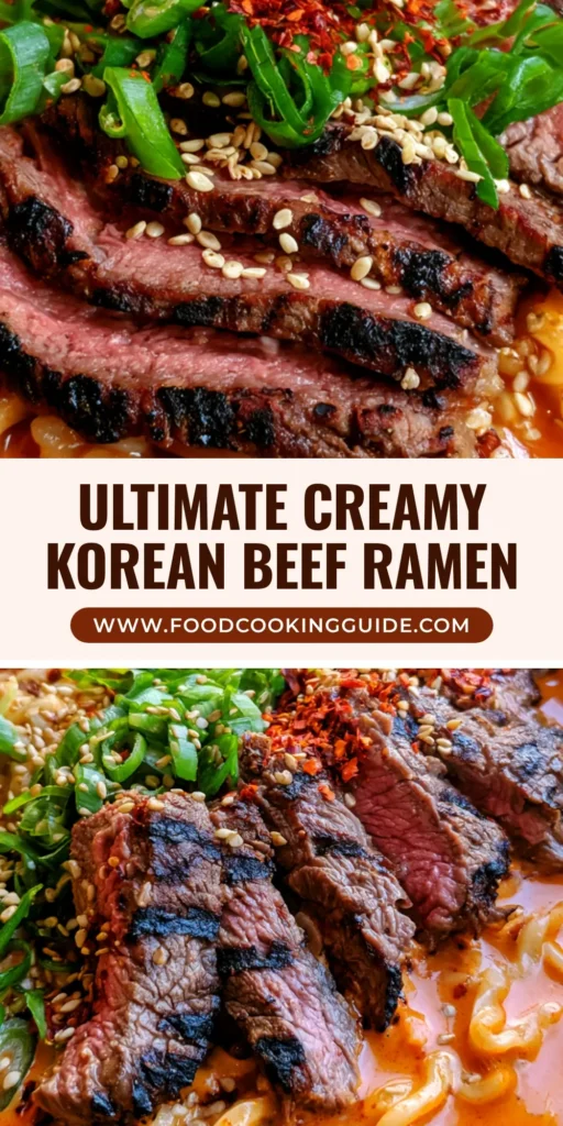 A close-up of Creamy Korean Beef Ramen in a dark bowl with charred beef and bright green scallions.